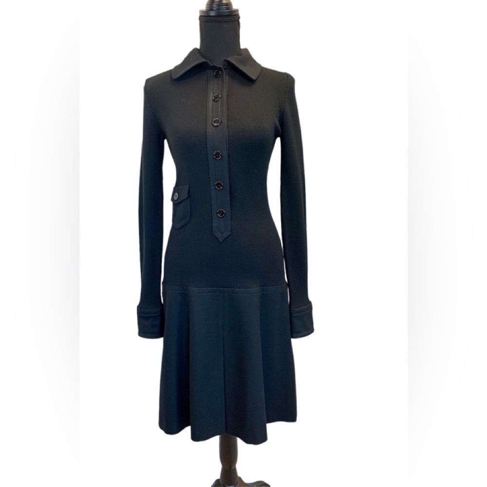 AKRIS Punto black ribbed knit long sleeve pleated wool dress Sz 4 NWOT